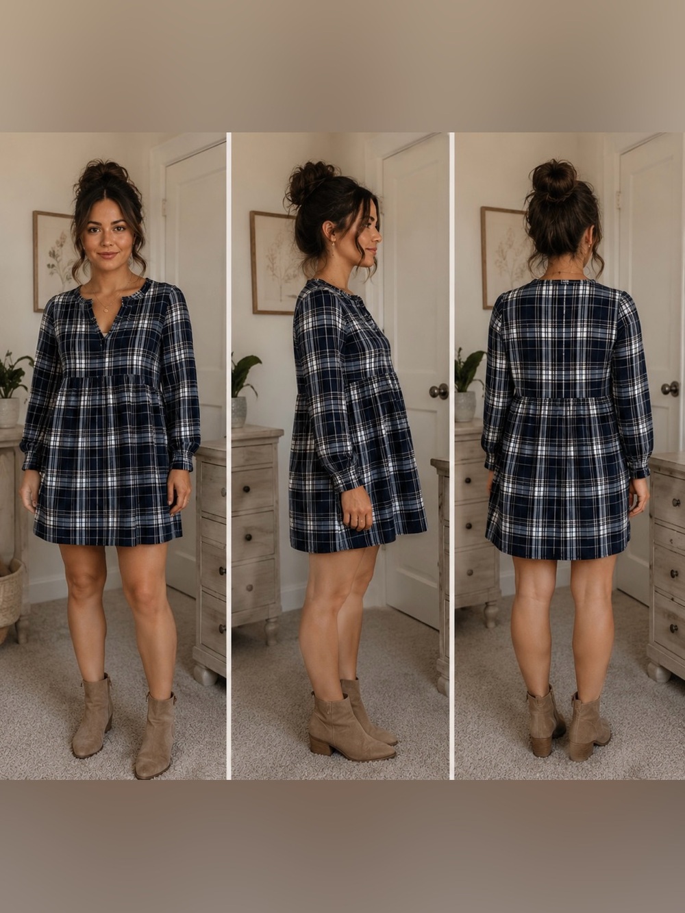 Loft Navy Plaid Long-Sleeve Tunic Top